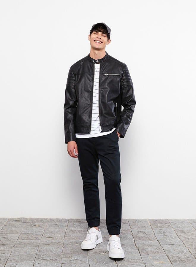 Slim Fit Stand Collar Men's Leather Look Coat