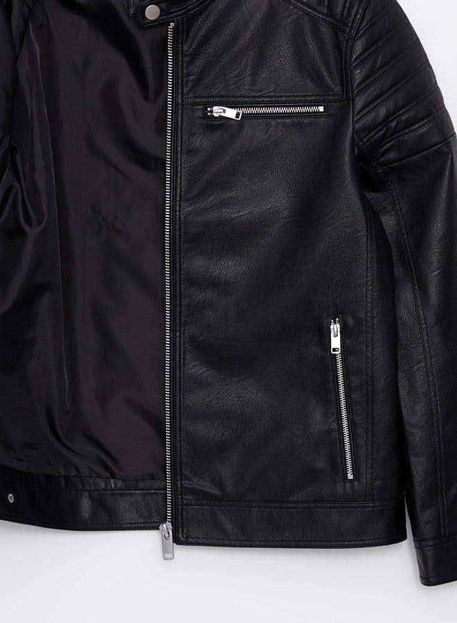 Slim Fit Stand Collar Men's Leather Look Coat