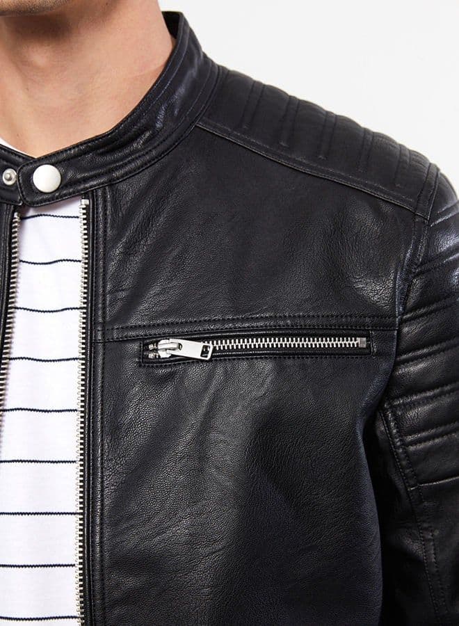 Slim Fit Stand Collar Men's Leather Look Coat