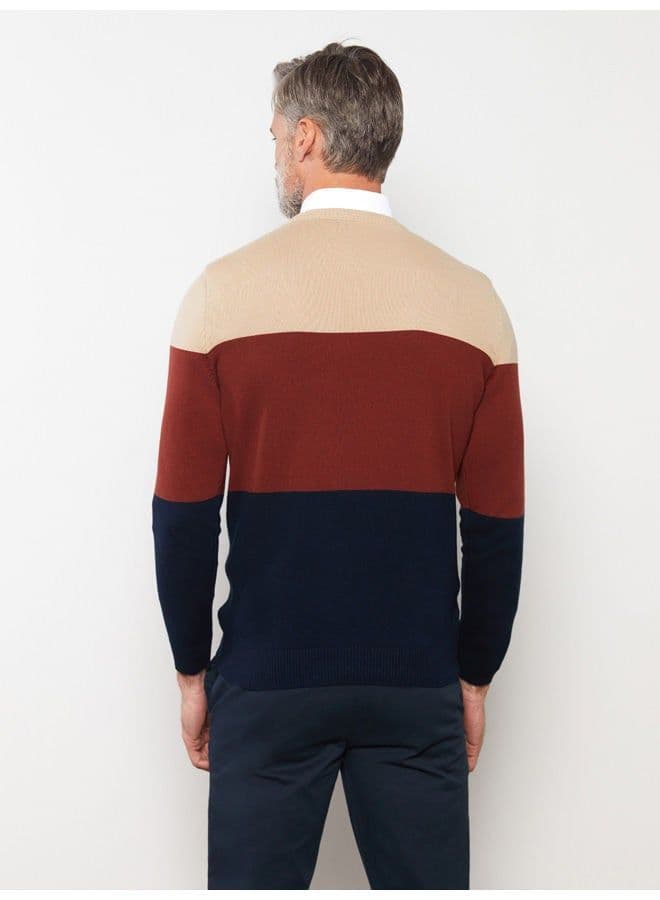 Crew Neck Long Sleeve Men's Tricot Sweater with Color Block