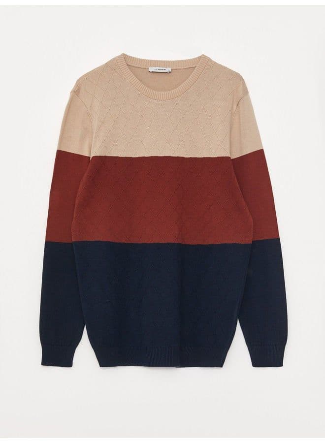 Crew Neck Long Sleeve Men's Tricot Sweater with Color Block