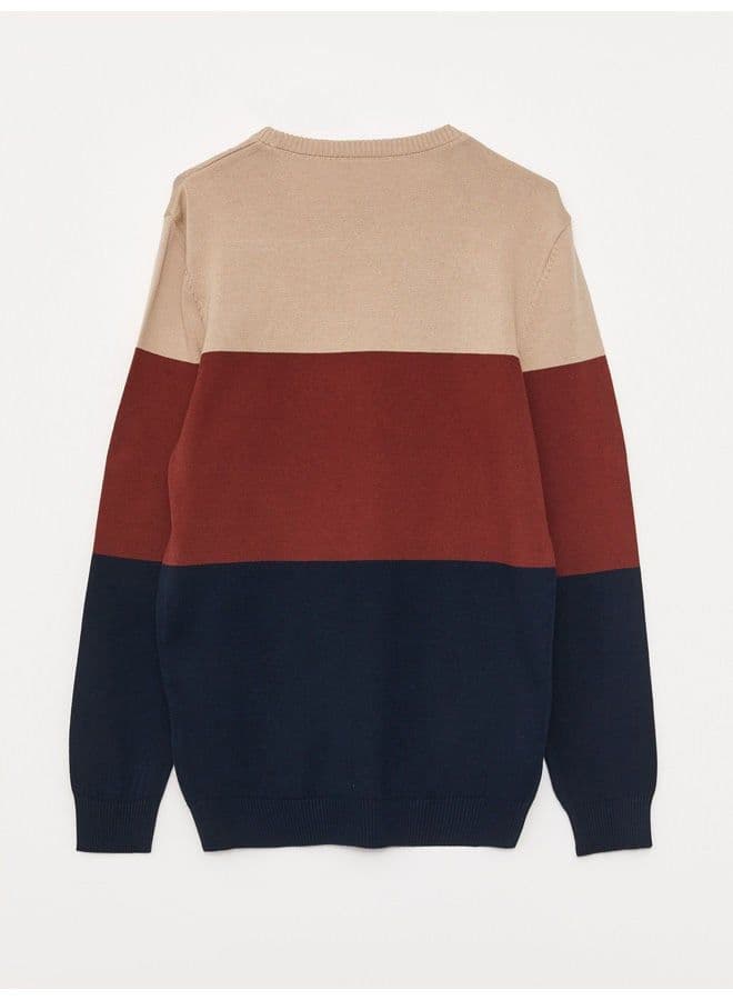 Crew Neck Long Sleeve Men's Tricot Sweater with Color Block
