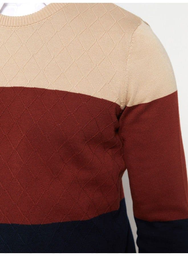 Crew Neck Long Sleeve Men's Tricot Sweater with Color Block