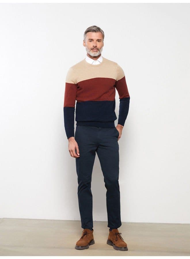 Crew Neck Long Sleeve Men's Tricot Sweater with Color Block