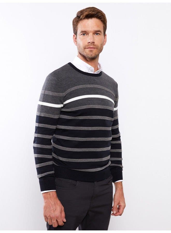 Crew Neck Long Sleeve Striped Men's Tricot Sweater